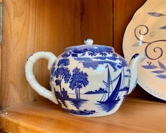 $25 - Blue and white teapot #1.   5"H; 9"W; 5.5"Diam
