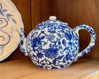 $25 - Blue and white teapot #2 by Williams-Sonoma.   8"H; 9"W; 6"Diam