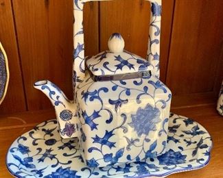 $75  - Takahashi  Blue and white teapot #3 and $12 - plate.  Hand painted, , San Francisco. Plate:  11"W; 6"D.   Teapot: 8"H; 6"W; 4"D