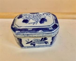 $10 - Blue and white covered trinket box.   2.5"H; 4"W; 3"D