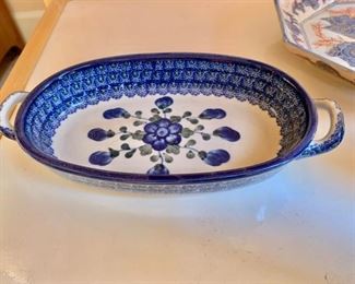 $50 Poland pottery serving dish with handles.  1.5"H; 9.5"W; 5"D  