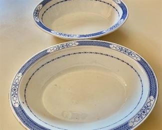 $30 large blue and white oval serving dish, $20 smaller sized blue and white serving dish.  Whieldon Ware, F. Winkle & Co, Made in England, "Beverley".  Large:  2"H; 10"W; 8"Diam.  Small:  2"H; 9.5"W; 7"D     