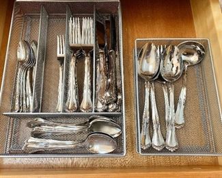 $80 Gorham flatware set #1.  11 knives, 13 dinner forks, 1 salad fork, 10 soup spoons, 7 teaspoons, 5 serving spoons, 1 serving fork, 1 ladle. 