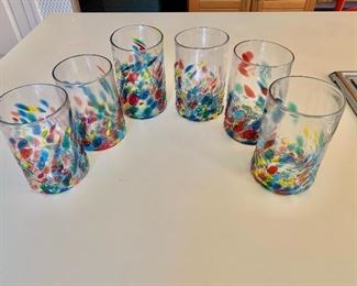 $60 - 6 Hand blown colorful glasses.  4"H; 3"Diam
