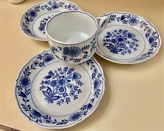 $45 - Set of 3 blue and white shallow bows and cup   Plate: 8"Diam.  Cup:  3"H; 4.5"Diam