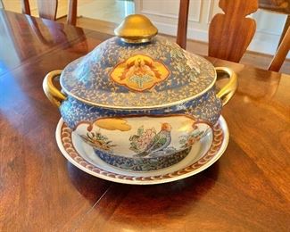$120  - Lidded tureen with plate.  Terrine:  10"H; 13"W; 9"D.  Plate: 2"H;; 13"W; 11"D