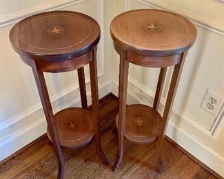 Inlaid, pedestals - the one on the right is sun faded; left  #1 - $95; right #2  - $50.  Each: 30"H; 12"Diam