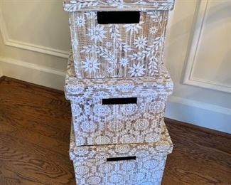 $75 - Set of 3 floral design storage boxes.  Stack 26" H, 15.5" W, 11.75" D.
