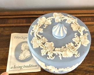 $30 Wedgewood white on lavender with paper insert.  3,5"H; 5"D 