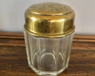 $25 Vintage glass jar with gold tone carved top.   4"H; 3"Diam 