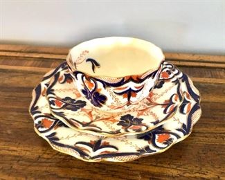 $35 Vintage navy blue and rust orange cup, saucer, dessert plate.  Cup: 2.5"H; 3.5"Diam.  Small plate: 5.5"Diam.  Big plate: 7"Diam 