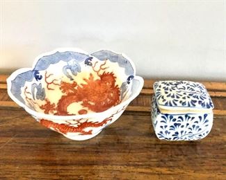 $28  Blue and white scalloped bowl with dragon, $14 Blue and white box.  Bowl: 2.5"H; 4.5"Diam.  Box: 2"x2"x2" Scalloped bowl SOLD 