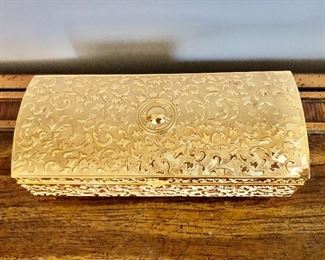 $22 Gold tone jewelry box or mantel box.   2.5"H; 9"W; 4"D 