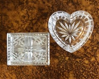 $15 Square crystal box, $25 Waterford heart shaped dish. (sticket is loose)  Left: 1.5"H; 4"W; 3"D.  Heart: 1.5"H; 5"x5"