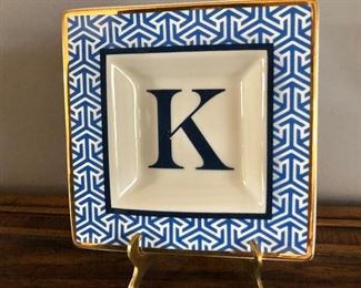 $20 Blue and White "K" initialed plate on stand.  7"H; 7"W