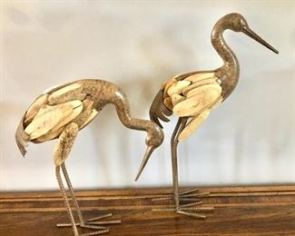 $40 Pair 2 birds metal legs, wooden wings statues.  Left:  11.5" H, 9.5" W, 3.5" D.  Right: 14.5" H, 9.5" W, 3.5" D.