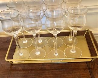 $20 Set 7 Limoncello glasses includes tray.   Glasses each 5.5" H, 2" diam. Tray: 10" L, 5" W.