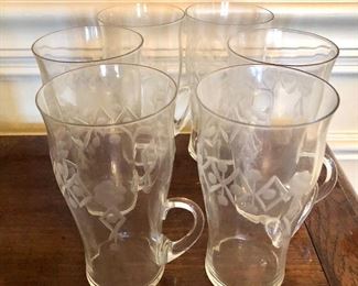 $24 Set of 6 etched glass handled cups or glasses.  5.5"H;  3.8"W; 3"diam 