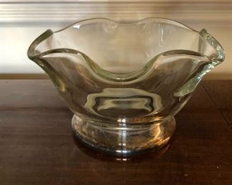 $20 Scalloped glass bowl with silver plate base -  3"H;  5"diam