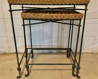 $120 - Set of 2 metal and wicker nesting tables with metal legs -   Largest: 24.5" H, 20.5" W, 14" D.