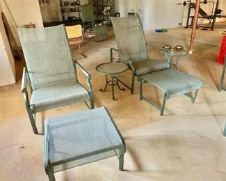 $500 - Pair vintage  Brown Jordan lounge chairs with matching ottomans. Chairs each 41" H, 28" W, 29.5" D, seat height 16".  Ottomans each 14" H, 23" W, 24" D.  $50 each  - Side tables (2 available) each 17.5" H, 19" diam.