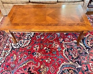 $325 - Vintage inlay coffee table -  17.75" H, 49" L, 25.75" W.