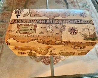 $40 - Ceramic "Geographic" covered box.  3.5" H, 8.5" W, 4.25" D.