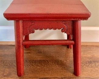 $55 Red painted wood stool/bench 13.5" H, 12.5" W, 10" D.