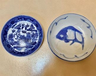 $10 each - Shallow dishes - Left:  3.5" diam.  Right: 4" diam.  Left blue and white dish SOLD 