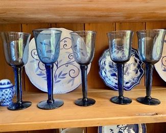 $8  each - 5 blue and white stem wine glasses.  9"H; 3.5"diam 