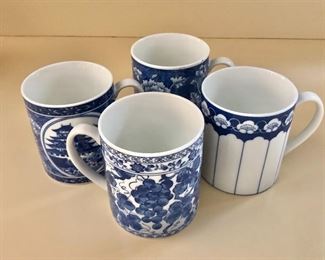 $30 Set of 4 blue and white  mugs 4" H and 3.5" in diameter 