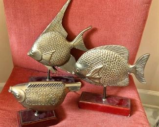 Brass fish on stands overview $35, back, $45 front two 