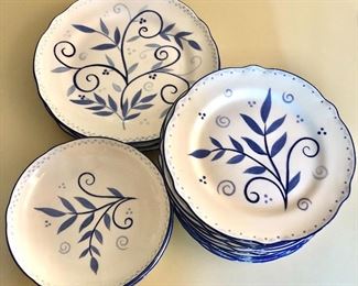 $120  ALL Blue and white plates - Susan Sargent for Noritake, "Blue Sunrise."  $8 each 4 large plates each 10.5"diam, 14 luncheon plates each  $6 10.5" diam, 4 shallow bowls each$6  7.5" diam.