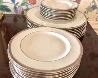  $300 ALL Theodore Haviland Shelton china set.  8 dinner plates (10.75" diam), 11 salad plates (7.75" diam), 8 bread plates (6.5" diam), 9 teacups (2.25" H, 4" diam), 8 saucers (5.75" diam).