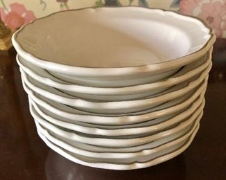 $40 Set of 8 white porcelain bowls with gold rim, made in Italy. Each 7" diam, 1.75" deep.