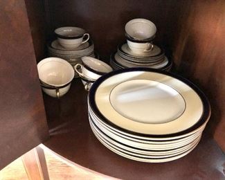 $140 Set of Fondeville England  china.  10 dinner plates (10" diam), 7 salad plates (8" diam), 4 bread plates (6.25" diam), 7 handled consomme bowls with saucers (bowls 5" diam), 7 teacups (2" H, 3.75" diam), 8 saucers (5.75" diam).