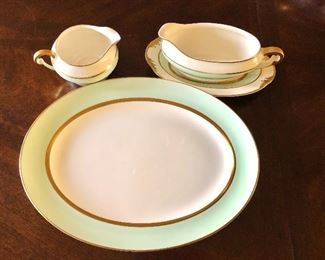 $30 Serving platter 13.25" L, 10" W. $30  Gravy boat with saucer 2.75" H, 8" L, 3.75" W. $10  small pitcher