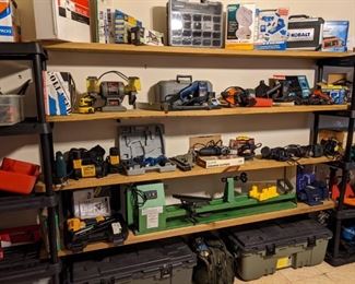 SOME OF THE MANY TOOLS...LATHE, TOOL BOXES, DRILLS, ETC.