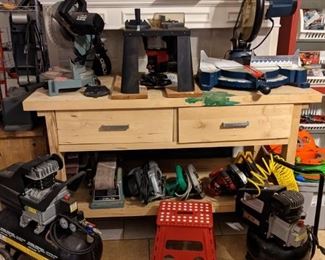 WOOD WORK TABLE, COMPRESSORS, BELT SANDERS, MITER SAWS, CIRCULAR SAWS