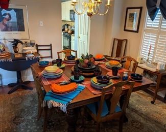 ANTIQUE SQUARE OAK DINING TABLE & CHAIRS...FIESTA DISHES