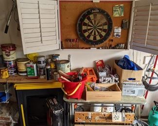 DART BOARD, BRUSHES, PAINTS, SAW HORSES