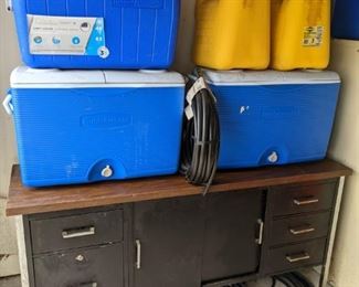 OLD METAL OFFICE CABINET, ICE CHESTS, GAS CANS