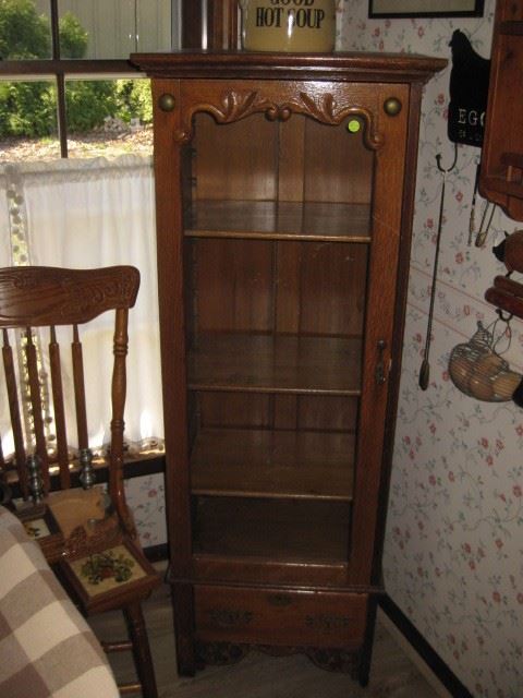 Small antique oak glass front cabinet