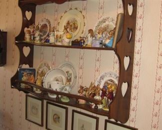 Heart cut-out sides wall shelf;  Huge collection of Bunnykins collectibles