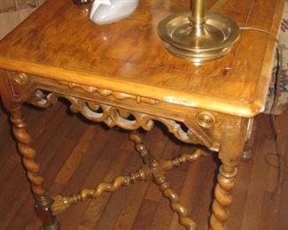 Corkscrew leg and stretchers burled accent table