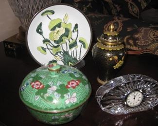Cloisonne pieces and a Waterford clock