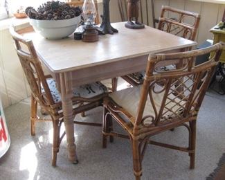 Antique square table; Four rattan chairs
