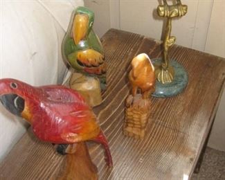 Wooden bird collection; Brass MCM bird sculpture having marble base