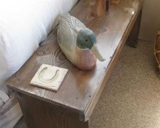 Signed Weaver wood duck decoy; wood bench