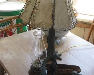 Tree style lamp, hide stitched shade